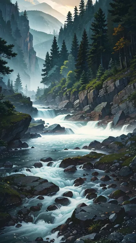 rocky river stream, steep valley, deciduous forest, Brooding landscapes, epic scale, German myth, layered symbolic density, deer
