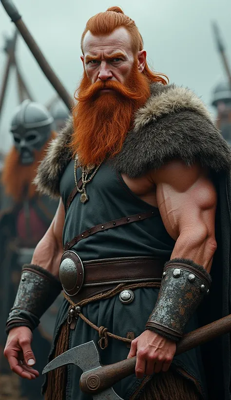 a muscular viking warrior with long red hair and a thick red beard, wearing a historical viking helmet, holding a historical viking battleaxe, preparing for an attack, inspired by the TV series Vikings, detailed face and eyes, hyperrealistic, 8k, high qual...