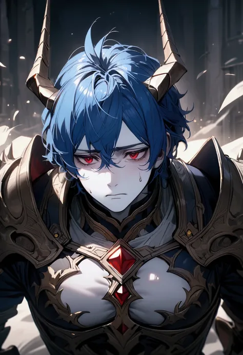 Man with blue hair and two horns, white skin with armor and showing his pectorals with red eyes and a sad expression