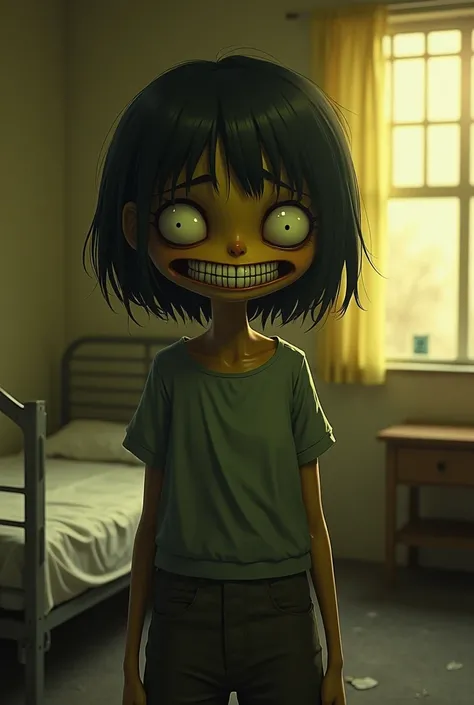 Lala has a fixed and disturbing smile on her face, like I can&#39;t stop smiling, but your eyes look sad and empty. Your skin is a sickly yellowish tone, result of lack of sun exposure. The room around is empty and desolate, except for a simple hospital be...