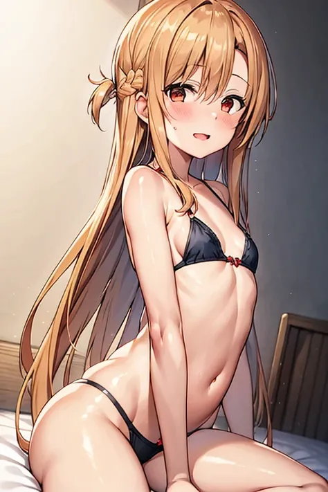 ((Best Quality)), ((masterpiece)), (be familiar with), Perfect Face, indoor, bedroom, Watching the audience,
One woman, Yuuki Asuna,
Open Mouth, Ecstatic expression, blush, smile,
Small breasts, Flat Chest, , , child, Girl,
Long Hair, Long Hair,
Leg spread...