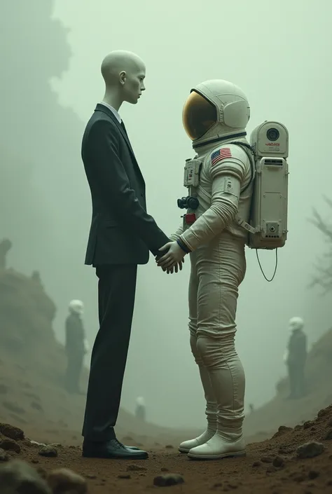 Slenderman with suit marrying astronaut in a wedding set