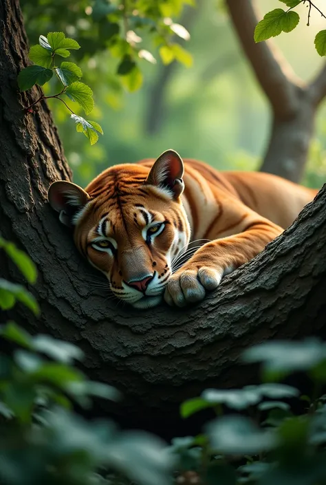 Bergaya photography,A panther lies asleep on a tree trunk,staring intently covered in lush green leaves wet with dew in the morning,covered with branches of green leaves wet with dew,on a cold morning,ultra realistic,detail,photography,best quality 8k HD.