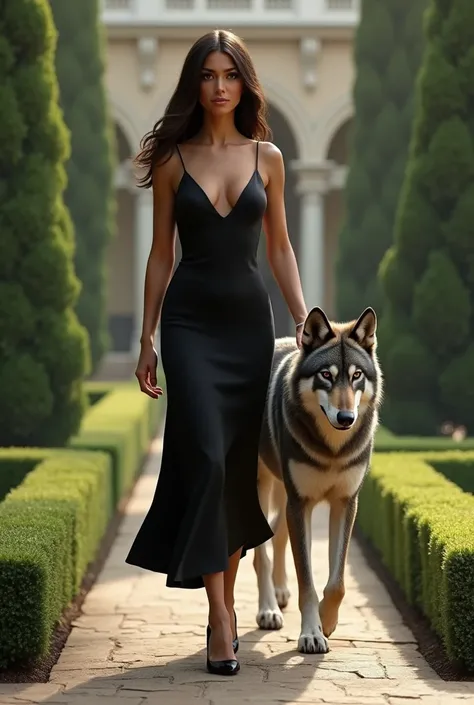 Brunette human woman medium length hair brown eye american indian skin and features wearing a black mid length dress walking with a direwolf next to her through a sophisticated manor garden