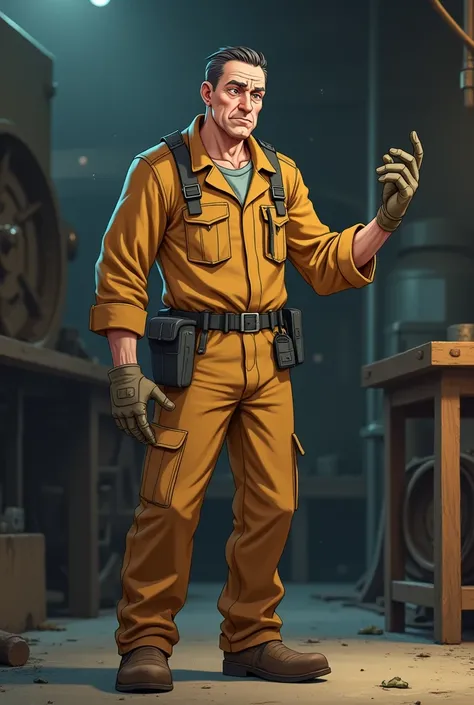 Thin man in his 40s wearing a welder&#39;s suit who is talking in anime
