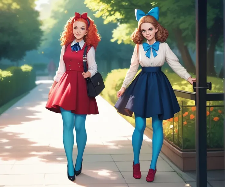 Masterpiece, Melissa Rauch, very curly red hair, head bow, very tiny miniskirt, blue pantyhose, shoes, candid upskirt, sun shiny day
