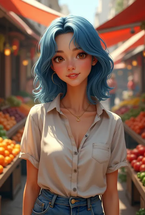 A realistic European woman with honey brown eyes and medium blue hair, com rosto redondo, wearing a casual blouse and denim skirt, smiling while standing in a vibrant street market, surrounded by fruit and vegetable stalls. Ultra-realistic 4K, with bright ...