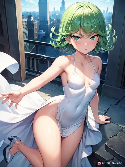 Masterpiece, best quality, ultra detailed, illustration, lighting epic, cinematic composition, 1 girl, Tatsumaki, short hair, green hair, very small breasts, green eyes, bright eyes, pouting, blushing, closed mouth, piercing gaze, full body, wedding white ...