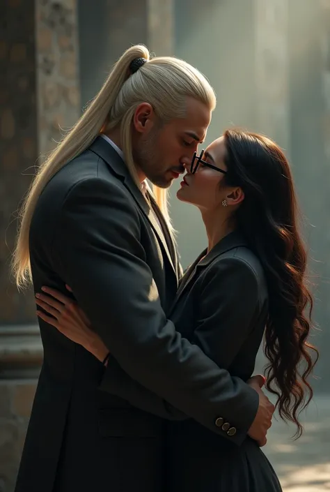 Quero uma imagem realista. I want a white man, Cao Cao, with blonde hair, smooth and very long, with blue eyes, mais Cao Cao que a mulher, wearing a dark gray suit kissing the woman. the woman is white, wear glasses, has long, wavy dark brown hair and wear...