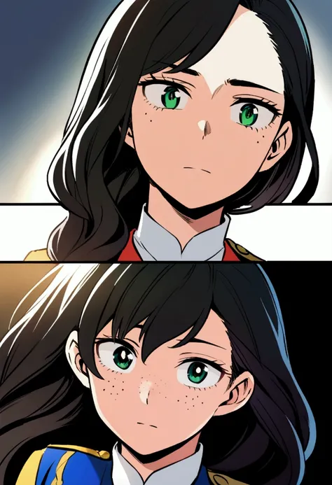 My hero academia anime comic.  teenage girl, long wavy black hair, thesis morena clara, slanted, green eyes, freckles on the cheekbones, defined features. AU uniform.