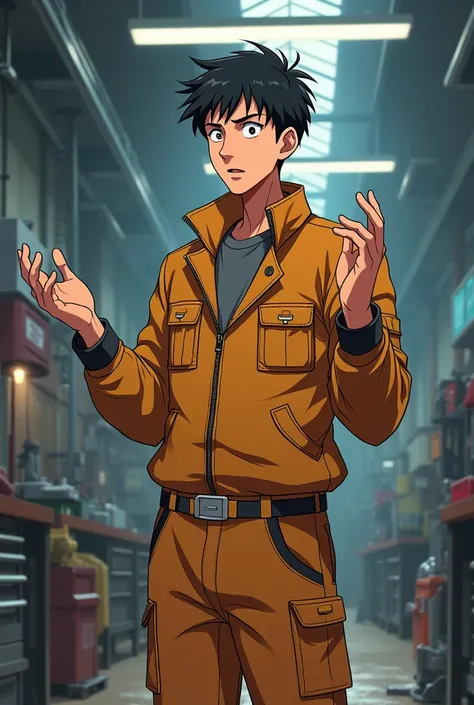 Thin man in his 20s wearing a welder&#39;s suit who is talking in anime
