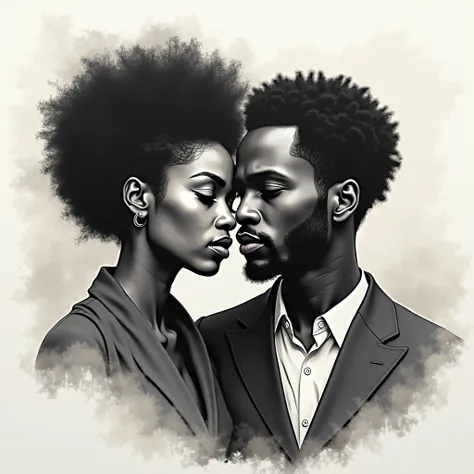 an ink wash painting of (an African American couple ), layering of black and grey tones to create depth and shading, in the style of minimalist zen painting, extraordinary realism, without any ink runs, drips, or splashes
