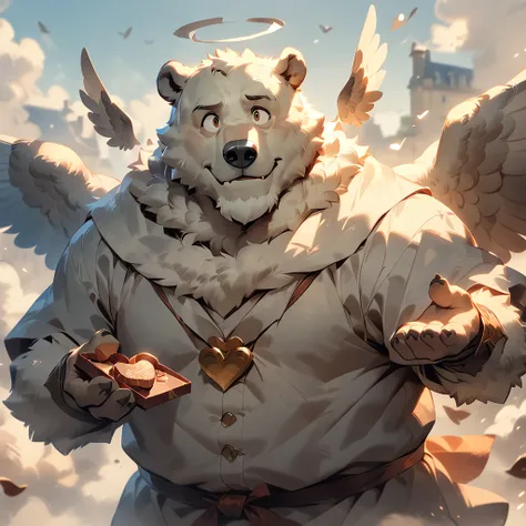 masterpiece, best quality, very aesthetic, absurdres, [face:full body:10], from above, cupid, plump middle-aged polar bear man, fluffy body, angel wings, brown eyes, beautiful beard, male face, big face, square jawline, male eyes, sharp eyes, big eyes, mal...