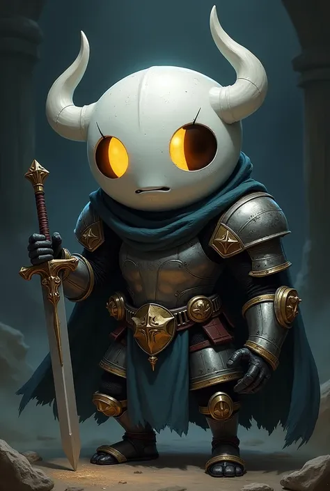 "A Pou with armor and mask similar to that of the Hollow Knight (hollow knight) with a dark and mysterious background. The Pou has bright eyes and a brave expression, while holding a sword similar to that of the Hollow Knight."