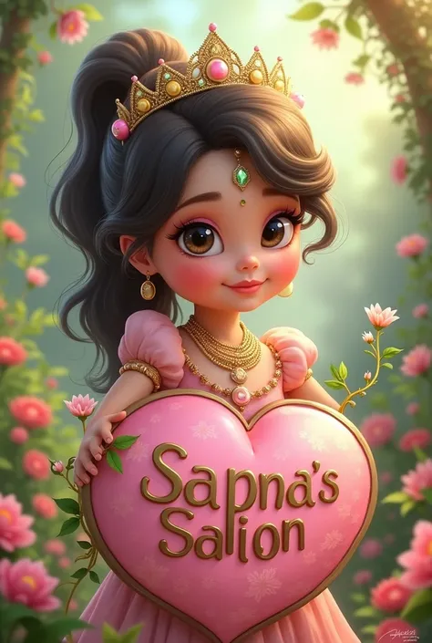 Make a image of a little princess who hugg the logo of (Sapnas salon)
