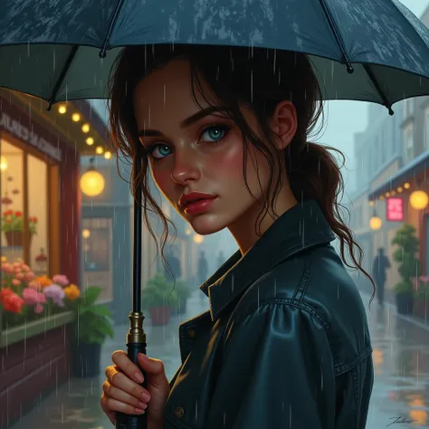 a woman, expressive blue eyes, brown hair, umbrella, she walks in the rain, a florist in a city in background, detail richness, masterpiece, best quality