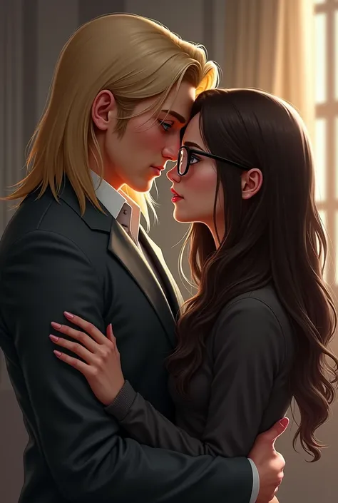 I want a realistic image. I want a white man, Cao Cao, with blonde hair, smooth and very long, with blue eyes, mais Cao Cao que a mulher, wearing a dark gray suit kissing the woman. the woman is white, wear glasses, has long, wavy dark brown hair and wears...