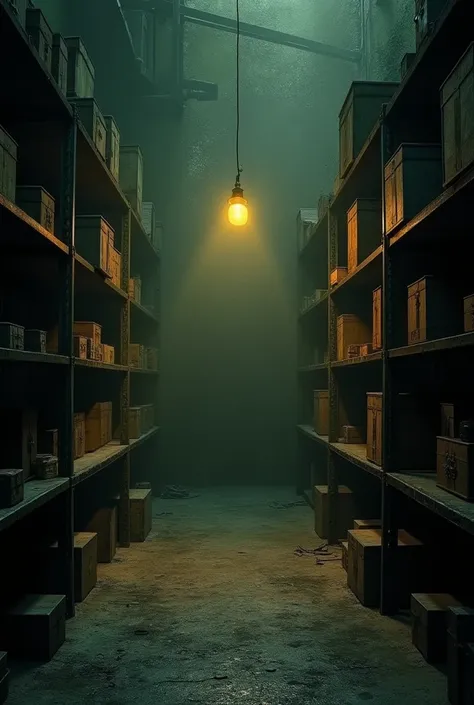 large mossy dark room, one yellow incandescent lamp in the center of the ceiling, there are metal shelves along the walls on the sides, on which old wooden boxes lie, without windows and doors