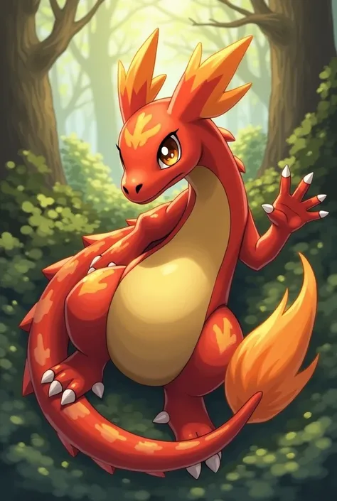 Create a gentle, antisocial fire-type Pokémon, friendly and looks like a little dragon in the second evolution