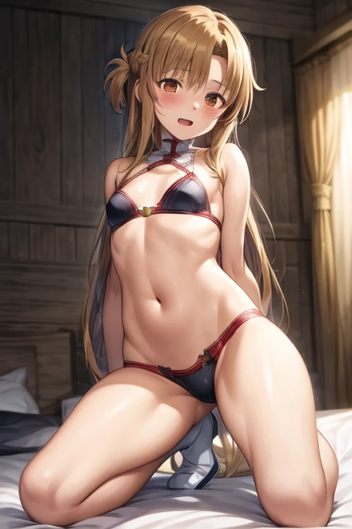 ((Best Quality)), ((masterpiece)), (be familiar with), Perfect Face, indoor, bedroom, Watching the audience,
One woman, Yuuki Asuna,
Open Mouth, Ecstatic expression, blush, smile,
Small breasts, Flat Chest, , , child, Girl,
Long Hair, Long Hair,
Leg spread...