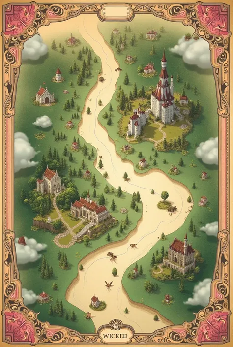 Crie um mapa de Wicked , with Beige, green and pink, with beautiful details on the edges, as if it were in a book