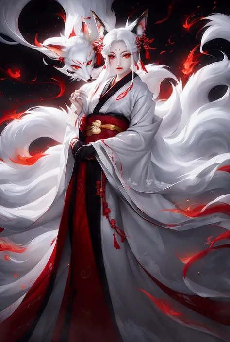 Kitsune with white hair, and red eyes, with fox’s eyes, and a Fox tail, in a lovely, elegant, black, and white, kimono