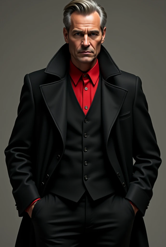 A man in a long black coat, red dress shirt , black dress pants and black dress vest 