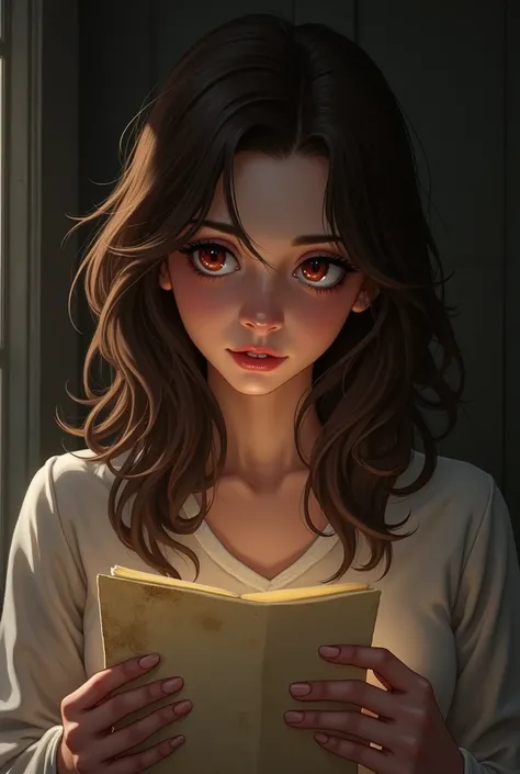 Brown-haired woman with loose hair and some dark circles with teary brown eyes reading a slightly wrinkled letter with stains crying 