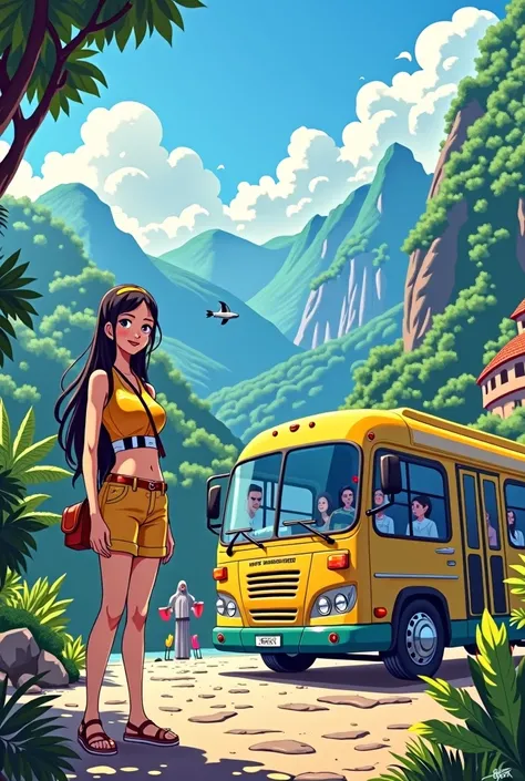 Anime of a tour guide next to a tour bus with many Brazilian landscapes in the background  
