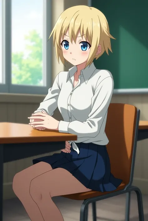 screenshot of my hero academia,boy with short light blond hair,  bright blue eyes,  The shirt tied at the waist revealing her slim and curvy waist, white and beautiful skin ,sitting at a table in a classroom ,with his serious and distant look, She wears a ...