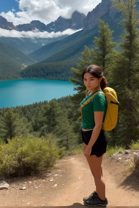 The image shows a young woman hiking in a mountainous area. She is wearing a green t-shirt and black shorts, and has a large yellow backpack on her back. The woman is standing on a trail with trees and shrubs surrounding her. In the background, there is a ...