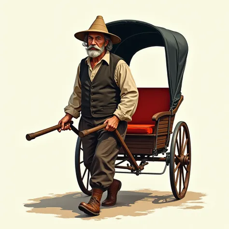 an illustration of a walking Russian man wearing a traditional conical hat and pulling an antique rickshaw cart. The man is holding onto the long wooden handlebars of the cart with both hands. The cart has a red seat and a black canopy. frontal view, close...