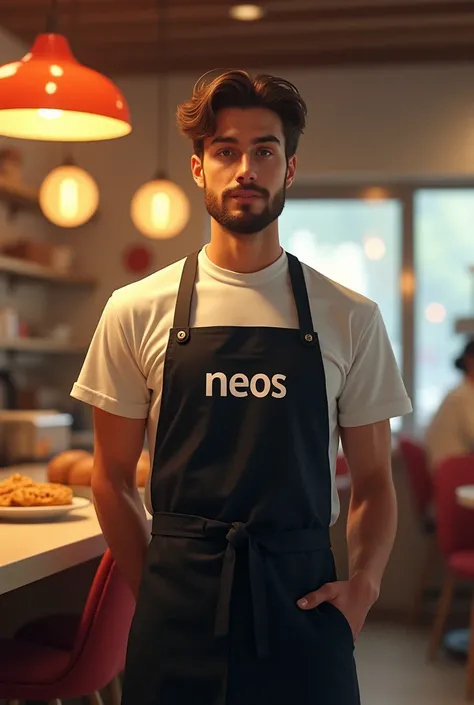 WAITER FROM A WAFFLE COMPANY WITH A BLACK APRON AND THE WORD ON IT "neos"



