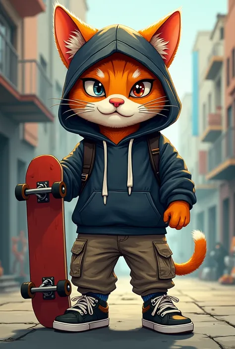 human cat, wearing skater clothes in a gangster style, holding a skateboard, evil face and scar on the eye, Art style: cartoon