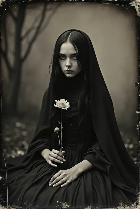 tintype photography of a melancholic macabree gothic fairy-like female and flower, dark background,