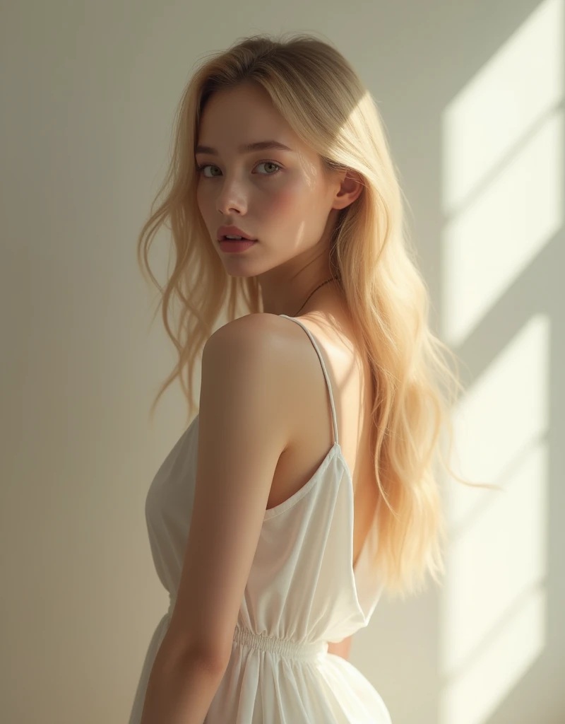 a woman named TerresaPalmer, long straight blonde hair, round and angelic face, glowing skin,20 years, glossy lips, Brown eyes, natural makeup,.big brown eyes angelic sleepy and cute, back turned with white dress 