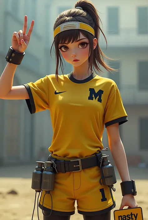 Girl with European features, dark brown hair with ponytail , with a headband on his forehead and a yellow football shirt with a black M on the side and a belt with grenades and shorts that match the shirt and that have black football tights holding a sign ...