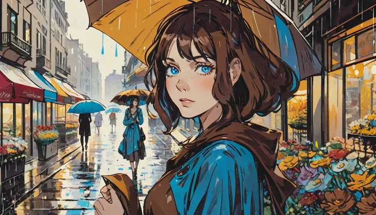 a woman, expressive blue eyes, brown hair, umbrella, she walks in the rain, a florist in a city in background, detail richness, ...