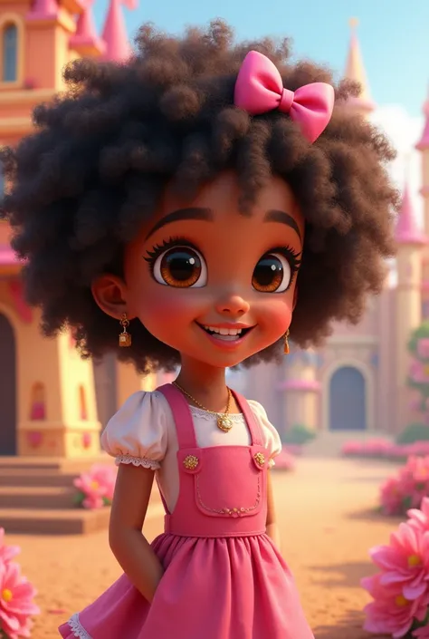 Disney character  girl very curly short afro dark brown hair dark brown eyes smiling dressed in pink with bow in hair