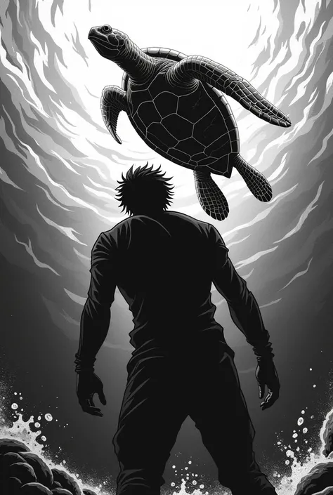 Create a back of the person freeing a turtle in the sea, manga version black and white 