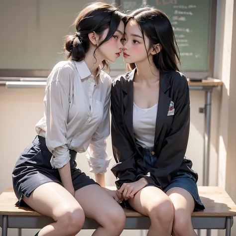 Two girls kissing in class, Sitting at a desk, Ultra HD Details, Open Shirt, topless, Touching the chest, Wearing uniform, 8k, Absurd, High resolution, UltraHD, Thigh-length shiny socks, blush