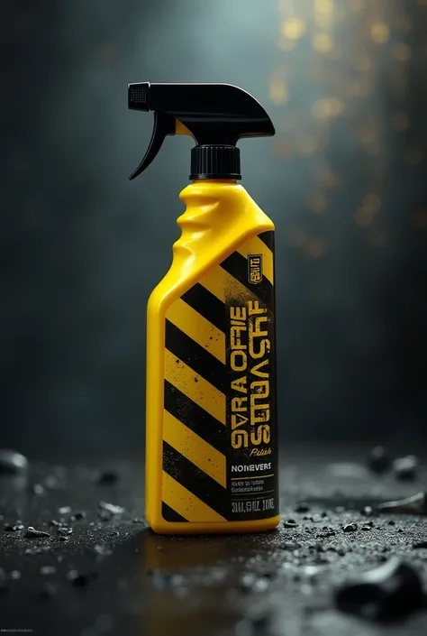 Yellow and black colour car interior polish spray bottle  with crime scene stripes on its label very round and slim body with crime scene background 
