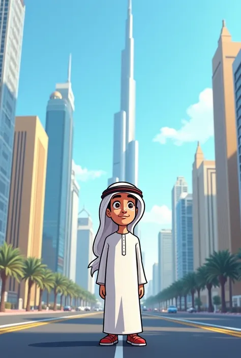 An Emirati cartoon character wearing a white Emirati jalabiya standing in the middle of Sheikh Zayed Road looking at Burj Khalifa 