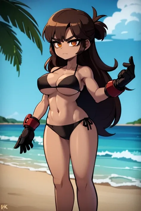 (badass woman in a bikini and normal sized tits), (dark toned skin), (brown hair), (high quality,4k,8k,High Resolutions,masterpiece:1.2)