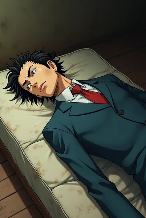 Phoenix Wright (de Ace Attorney) lying on his side on an old mattress, that is on a dusty floor. Phoenix has some injuries, your suit is dirty, and his half-open eyes. side position, shrunken, jaded. anime style draw, imitating the art of the game Ace Atto...