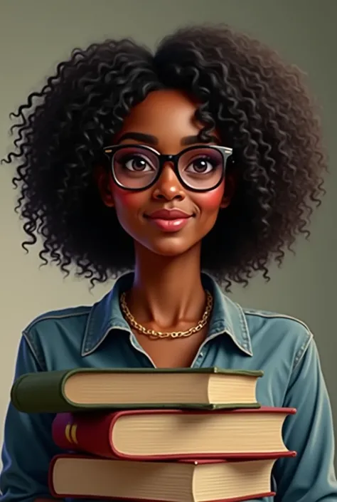 Create a drawing of a woman with dark skin and black curly hair wearing glasses holding books