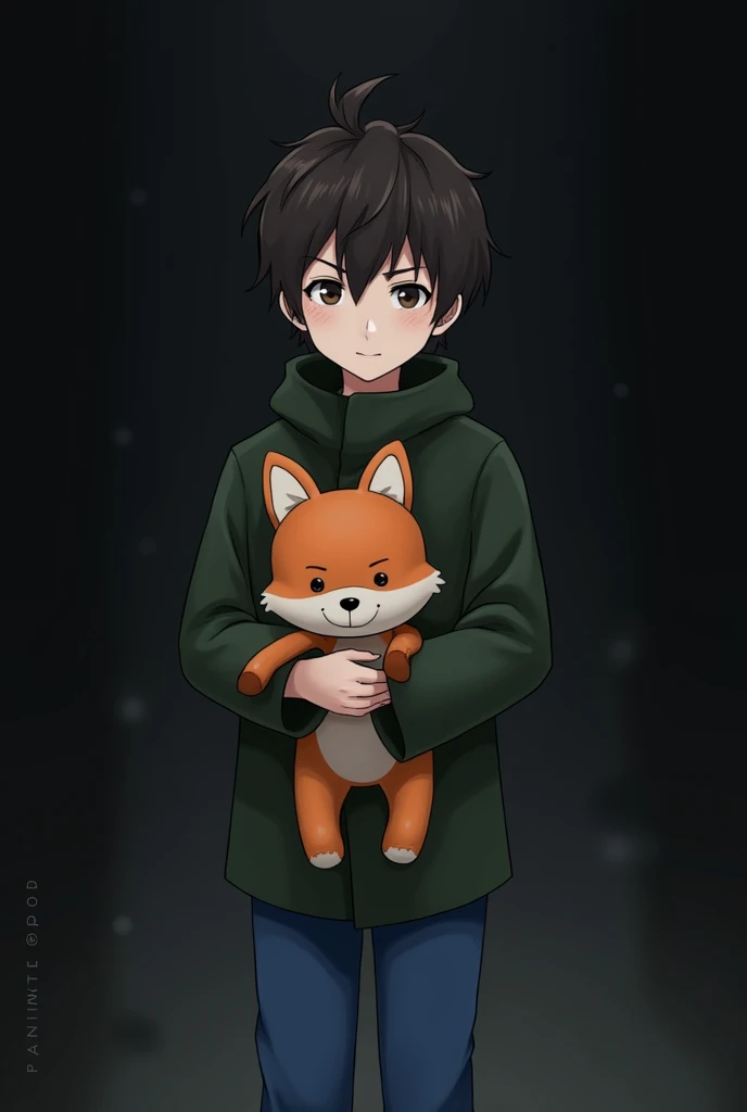 Create an ANIME image,of a DARK boy with dark brown hair,green coat,blue pants,holding a foxy fox plush from fnaf