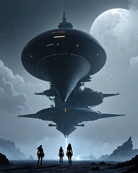 concept art, naked anne bonny and mary read, making love, penetration, android womans, grey silhouette spaceship by ludwik konar...