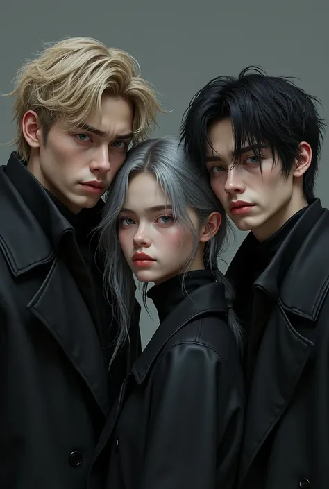 Photorealism no anime style A realistic image of a man in his 20s with disheveled blonde hair, black coat, pale skin, blue pale eyes, full eyebrows, no beard, eyebags, serious looking with a japanse man in his 20s wearing the same as him plus black gloves,...