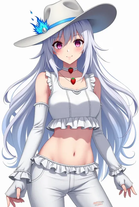 Female anime character with long white hair wearing a white cowboy hat with a grey crown with blue flame around the hat has a white vest and white long sleeved crop top white pants a strawberry choker has white ruffled waistband white arm warmers 